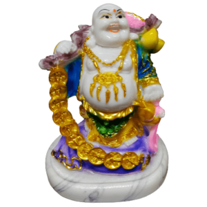 laughing buddha with tassel of feng shui coins and wu lou